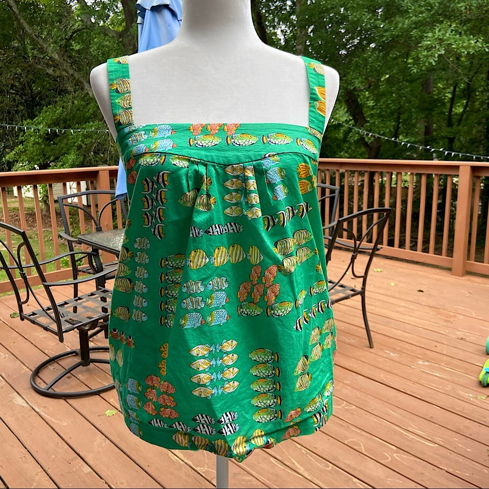 SOLD::::::jcrew green fun fish tanktop with button straps cotton side zipper